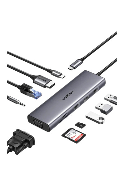 Ugreen 10 в 1 хъб, 3x USB-A 3.0, HDMI, RJ45, Aux 3.5 мм, сребрист