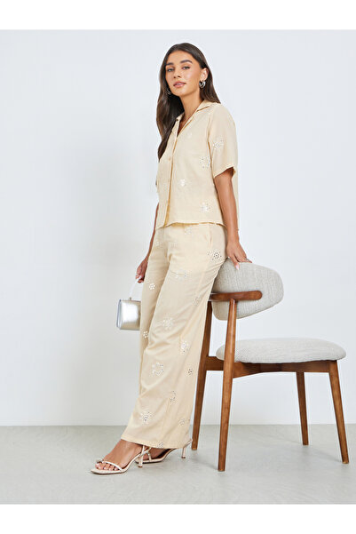 Styli Beige Embroidered Cotton Shirt and Pants Co-ords