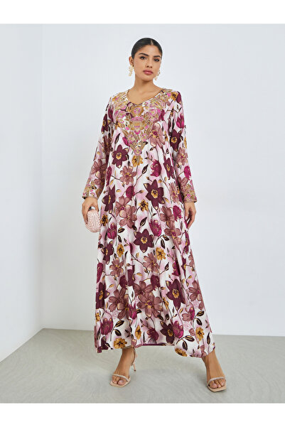 Amirah By Styli Pink Floral Print Mukhawar Jalabiya