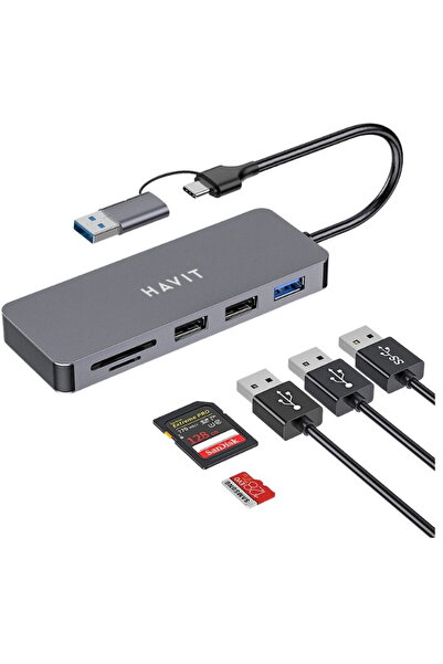 Havit Hub USB-C 5-în-1 HV-H41, 3 porturi USB A, 2 sloturi pentru carduri SD, ...