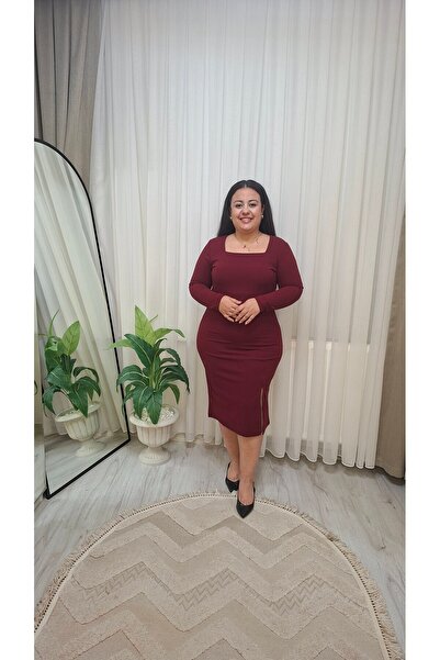 Butik Kare Yaka Uzun Kollu Krep Elbise