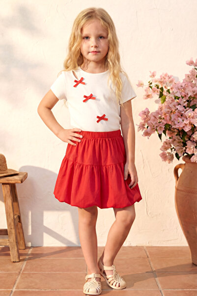 Minipodyum Girl's Top and Bottom Set with Summer Balloon Skirt and Bow Detail...