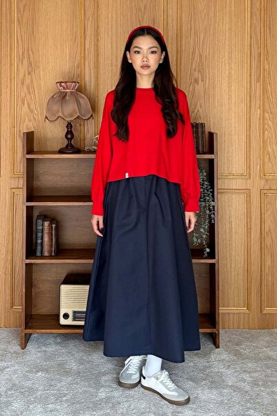 Ceylan Otantik Navy Blue Linen Single Button Skirt