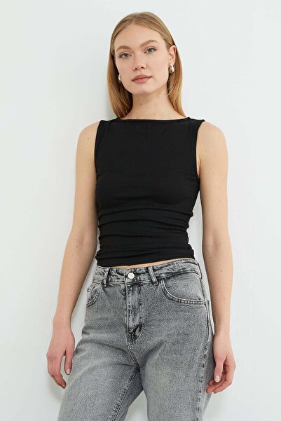 Fulla Moda Μπλούζα με λαιμόκοψη καγιάκ και ντραπέ στα πλαϊνά