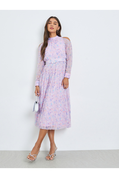 Styli Lilac Chiffon Dobby Pleated Mid Dress