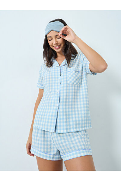 Take Two By Styli Light Blue Gingham Shirt and Shorts Set