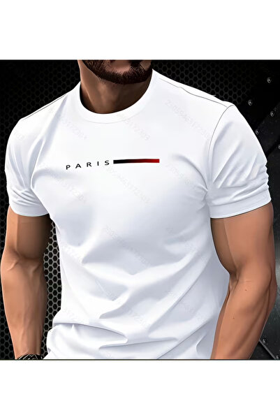 LİNA06 Men's Paris Graphic T-Shirt - White Short Sleeve Round Neck Casual Shi...