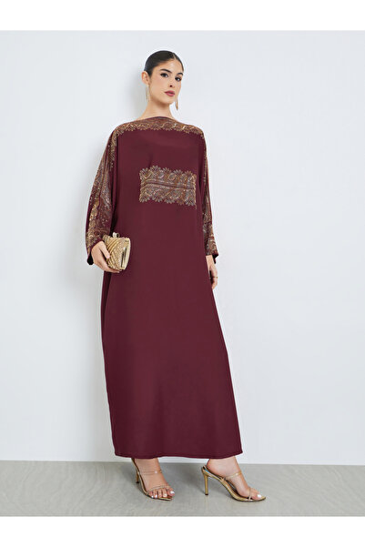 Amirah By Styli Burgundy Rhinestone Embellishments Jalabiya with Matching Hijab