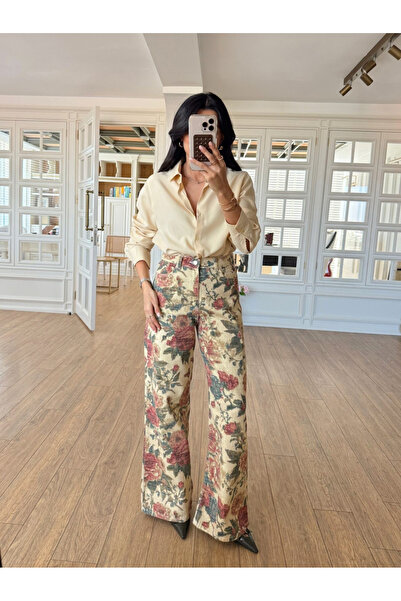 My Blog Yellow-Burgundy Floral Patterned Denim Trousers - 251033