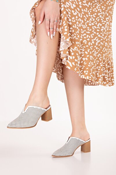 Gondol Women's Genuine Leather Mid-Heel Slippers Shhn.116 White