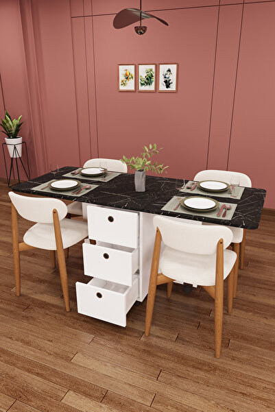 asratrend Lüks Katlanır Mutfak Yemek Masası Takımı %100 MDF Çekmeceli Çalışma...