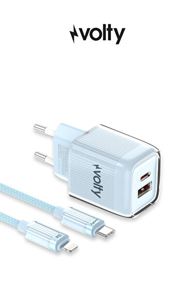 Volty Hızlı Şarj Adaptörü 35W GaN + Lightning Kablo 30W PD | USB-C&USB-A, Tab...