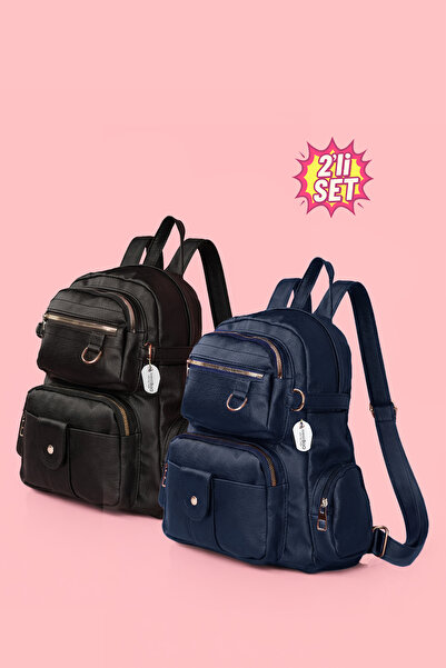 westbag 2-Piece Women's Faux Leather Navy Blue Multi-Compartment Backpack