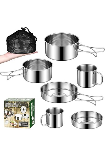 Yelajoy 6-Piece Camping Cookware Mess Kit, Portable Stainless Steel Pots, Pla...
