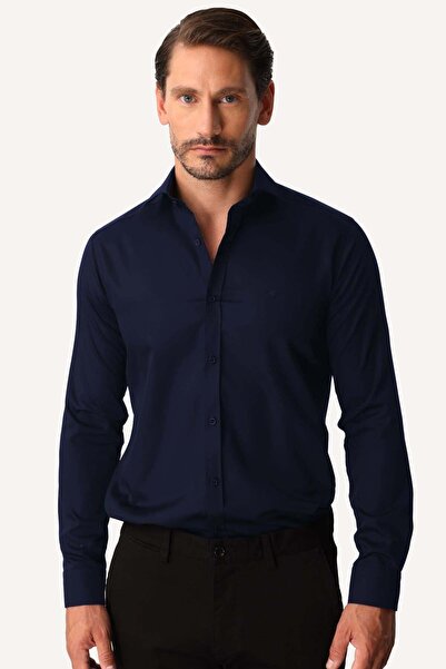 İgs Navy Blue Regular Fit Wide Fit Classic Collar Plain Long Sleeve Without P...