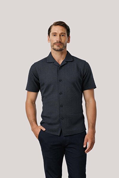İgs Men's Blue Patterned Camp Collar Shirt – Stylish and Modern Summer Wear