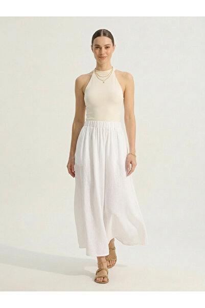 OLİZZA Women's White Voile Fabric Wrinkled Gathered Skirt with Elastic Waist ...