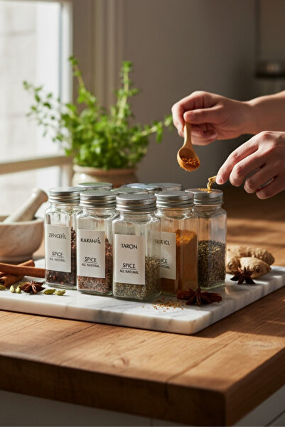 EG75 Metal Kapaklı 12'li Kare Formlu Cam Baharatlık Seti (48 Adet Etiket Hedi...