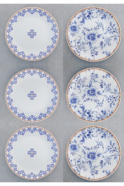 Pinkev Double Patterned 6-Person Ceramic Cake and Dessert Plate Set - 20cm