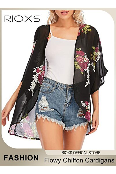 RIOXS Women's Floral Beach Cover Up, Loose Fit Half Sleeve Floral Print Kimon...