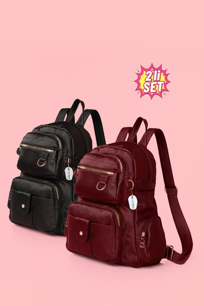 westbag 2-Piece Women's Faux Leather Black Multi-Compartment Backpack