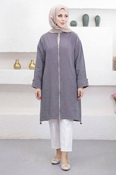 Suede Style 6346 - Comfortable Zippered Pocket Long Tunic with Cuff Detail