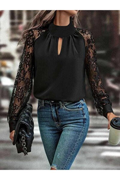 MODA Kadın Dantel Kollu Pencere Detaylı Dik Yaka Sandy Bluz