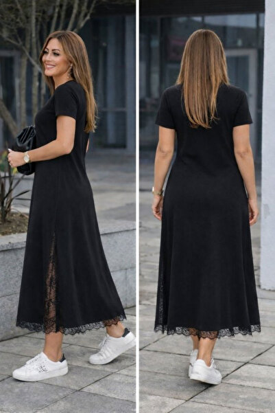 JANES Women's Short Sleeve Crew Neck Side Slit Lace Detailed Long Viscose Dress