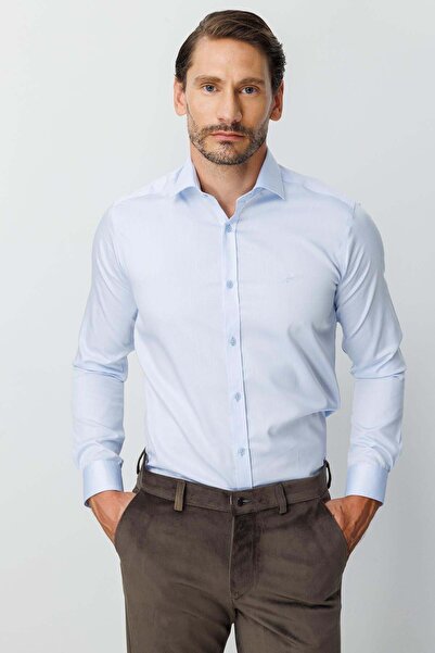 İgs Blue Slim Fit Classic Collar Plain Long Sleeve Pocketless 100% Cotton Non...