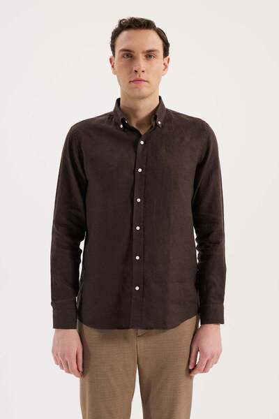 Jakamen Coffee Comfort Fit 100% Linen Button-Down Collar Shirt