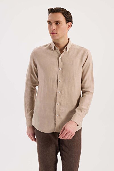 Jakamen Κρεμ πουκάμισο Comfort Fit 100% λινό με κλασικό γιακά