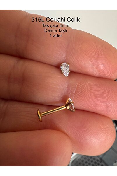 Bylin 316 L Cerrahi Çelik Damla Zirkon Taşlı Kulak, Dudak Labret Piercing Tak...