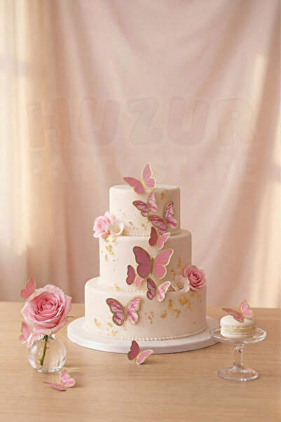 Huzur Party Store 63 Adet Kelebek Pasta ve Balon Zinciri Süsü Pembe 4-6 Cm Gold Yaldızlı Sert Karton Parti Süs