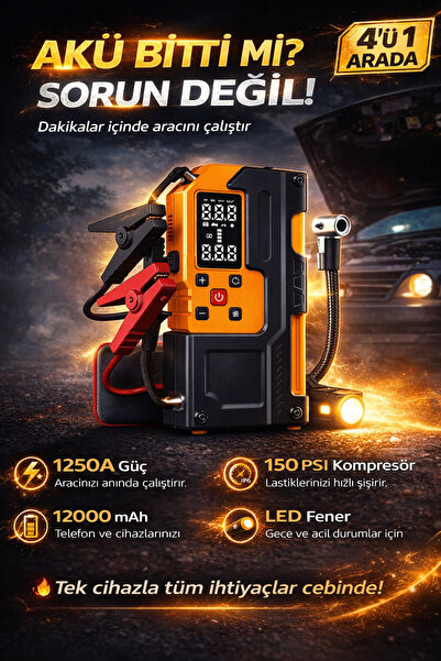 Merwish 4’ü 1 Arada Akü Takviye Cihazı 1250A – 150 PSI Kompresör, 12000mAh Po...