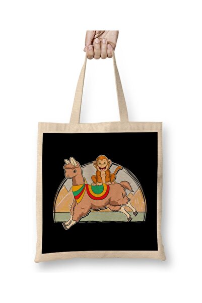 dekado Monkey Riding Llama Animal Friend Monkeying Around Tote Bag Long Handle