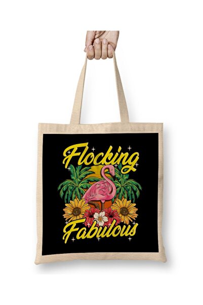 dekado Cute & Funny Flocking Fabulous Flamingo Pun Tote Bag Long Handle