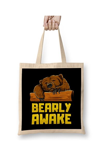 dekado Bearly Awake Sleeping Bear Funny Barely Sleepy Pun Cloth Bag Long Handle