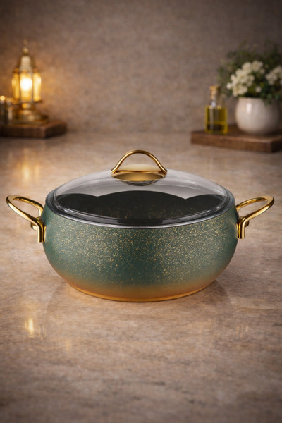 LAVONNI Caldora 26 cm Deep Granite Casserole Pot Green Gold Handle Non-Stick ...