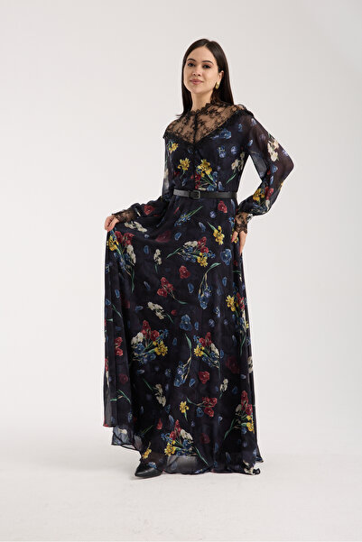 Stylish Fashion Stylish Fashion Turquoise Dress with Black Lace and Elegant Belt