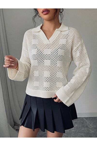 NLT White Openwork Knitwear Sweater Polo Collar Women's Blouse - Blz-Nlt323