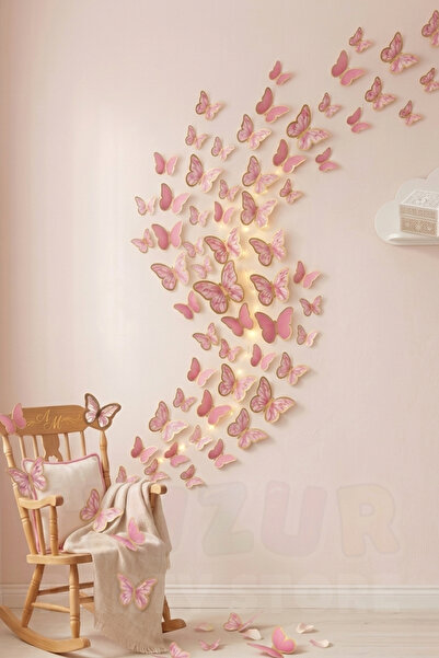 Huzur Party Store 63 Adet Kelebek Pasta ve Balon Zinciri Süsü Pembe 4-6 Cm Gold Yaldızlı Sert Karton Parti Süs