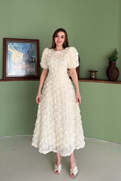 Elbee Fashion Woman Bej Güllü Elbise