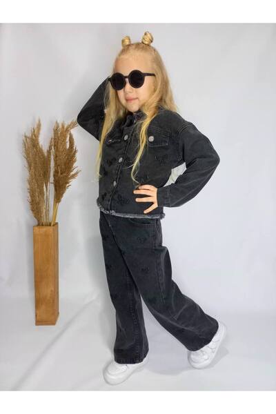 KİDSPİTİRCİK Set jachetă din denim cu broderie fundă neagră pentru fete