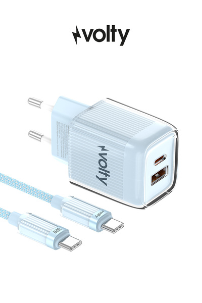 Volty Hızlı Şarj Adaptörü 35W GaN + Type-C Kablo 60W PD | USB-C & USB-A, Lapt...
