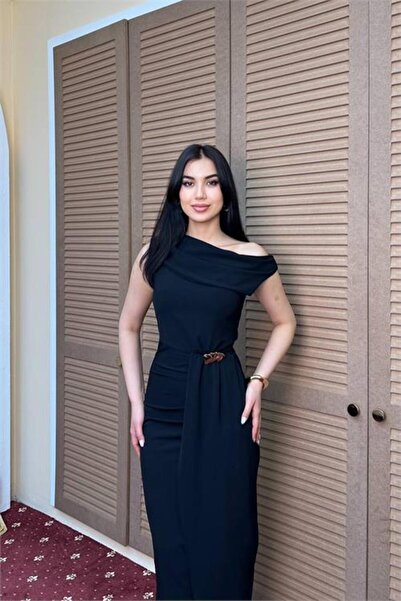 Neşeli Butik Women's Black One-Shoulder Waist Buckle Detailed Slit Premium Dr...