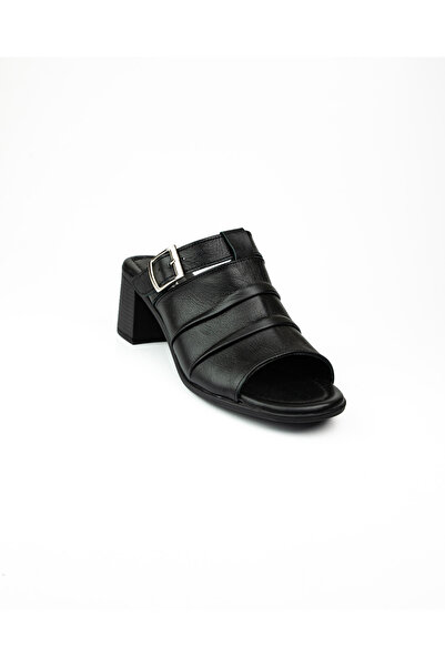 BABALİ 1509 Black Leather Heeled Women's Slippers