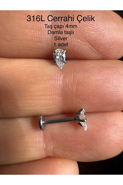 Bylin 316 L Cerrahi Çelik Damla Zirkon Taşlı Kulak, Dudak Labret Piercing Tak...