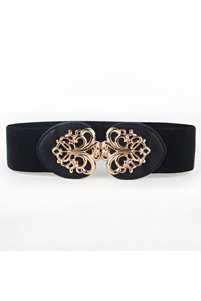 OEM Women's elastic belt, gold metal buckle, vintage style, eco-leather, black