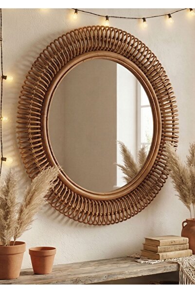 Lessio Home Bohem Tarz Dekoratif Manila Ayna - El Örmesi Doğal Rattan Çerçeve...