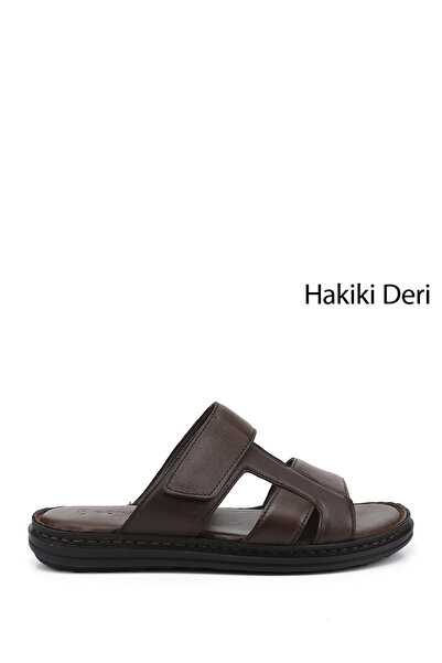 GÖNDERİ(R) Men's Brown Velcro Strap Genuine Leather Slippers